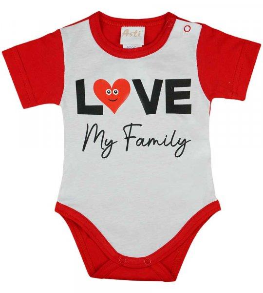 "Love my family" feliratos rövid ujjú baba body piros