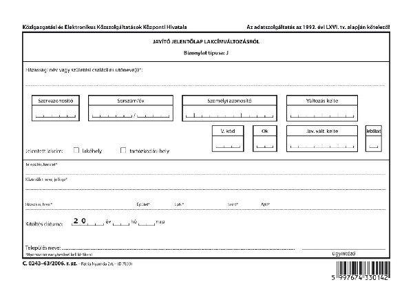 Javító jelentőlap lakcímváltozásról A/5 fekvő C.0243-63/2006