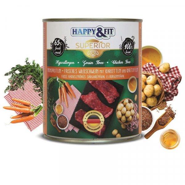 Happy&Fit Superior Dog Konzerv Friss Vaddisznóhús Srépával, burgonyával
800g