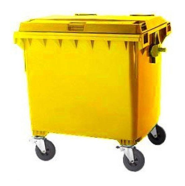 1100 L-es nagyméretű hulladékgyűjtő lapos tetejű konténer (sárga)