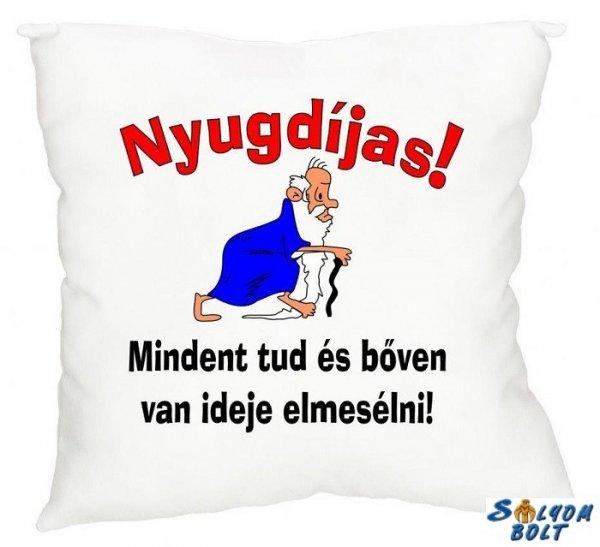 Vicces díszpárna, Nyugdíjas, mindent tud és bőven van ideje elmesélni