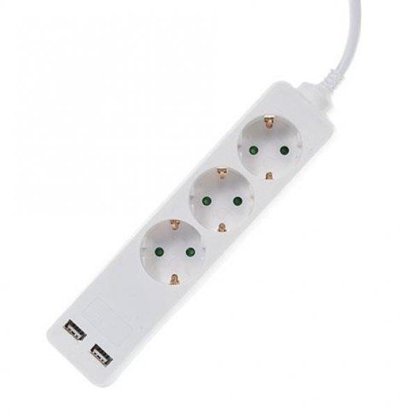 Hosszabbító 3-as elosztóval (3 földelt + 2 USB) fehér - 1.5 m vezetékkel