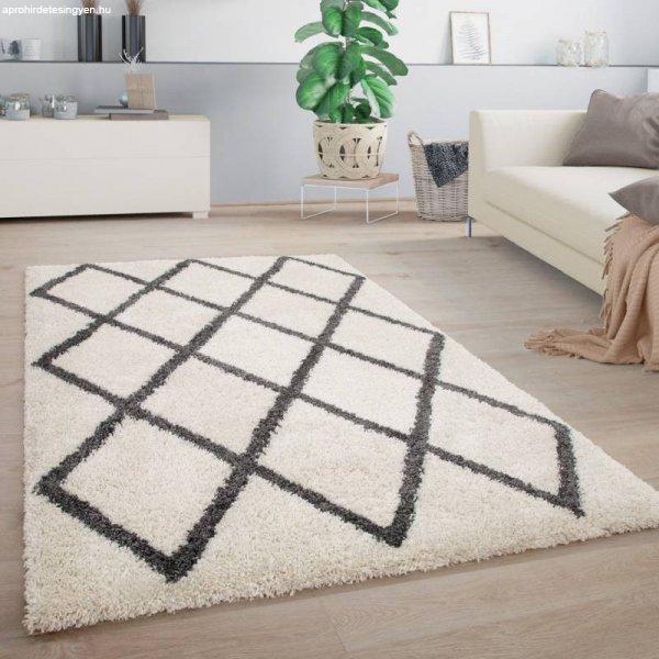 Shaggy szőnyeg nappaliba geometrikus rombusz mintával fehér-szürke 80x150 cm