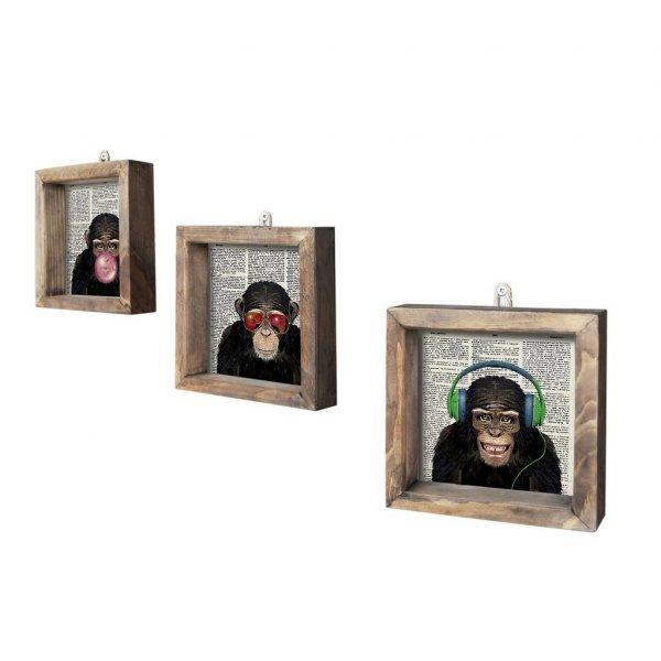 Falikép szett, majmok, 3 db, 15x15 cm, fekete - LES TROIS - Butopêa