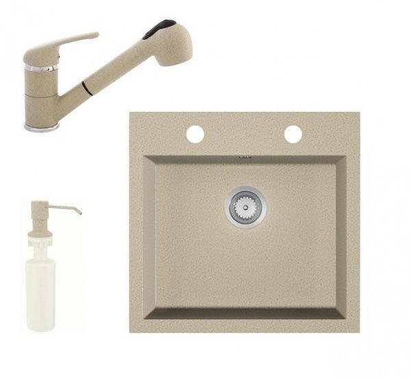 Gránit mosogató EOS Como + Kihúzható zuhanyfejes Shower csaptelep + adagoló
+ szifon (bézs)