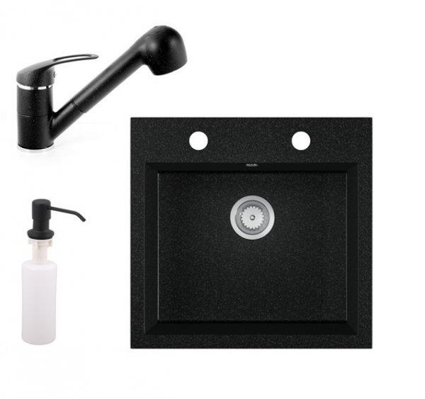Gránit mosogató EOS Como + Kihúzható zuhanyfejes Shower csaptelep + adagoló
+ szifon (fekete)