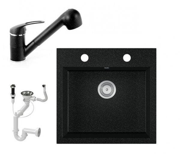 Gránit mosogató EOS Como + Kihúzható zuhanyfejes Shower csaptelep +
dugókiemelő + szifon (fekete)