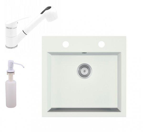 Gránit mosogató EOS Como + Kihúzható zuhanyfejes Shower csaptelep + adagoló
+ szifon (fehér)