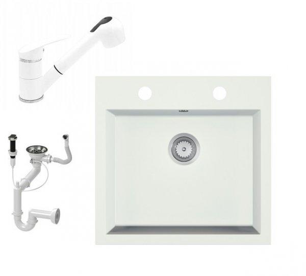 Gránit mosogató EOS Como + Kihúzható zuhanyfejes Shower csaptelep +
dugókiemelő + szifon (fehér)