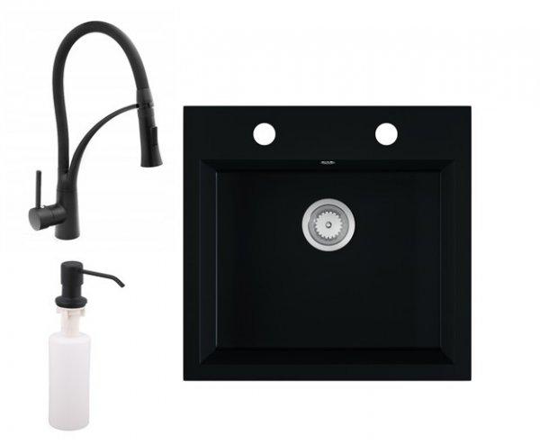Gránit mosogató EOS Como + kihúzható zuhanyfejes Duo-Flex csaptelep +
adagoló (matt fekete)