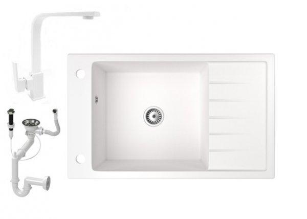Gránit mosogató NERO Grande + Design csaptelep + dugóemelő (fehér)