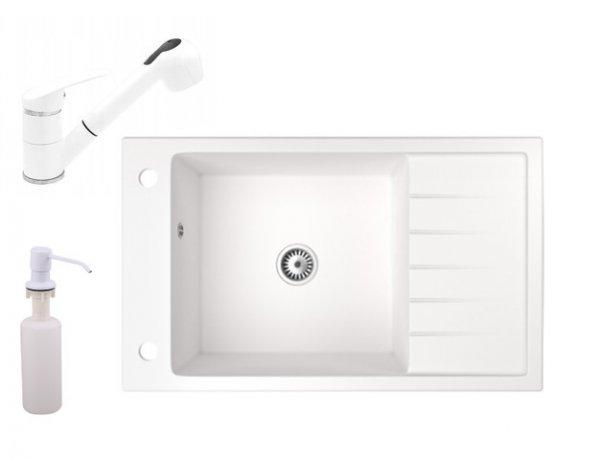 Gránit mosogató NERO Grande + kihúzható zuhanyfejes Shower csaptelep +
adagoló (fehér)