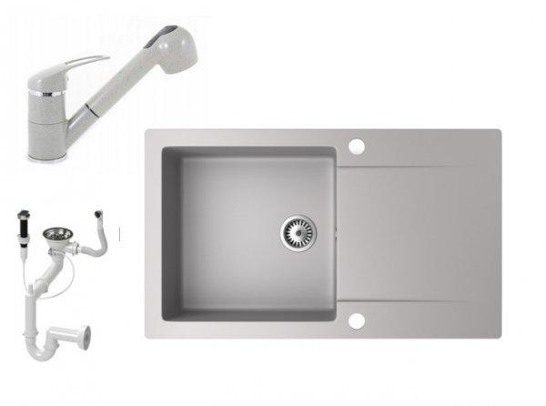 Gránit mosogató NERO Gold + kihúzható zuhanyfejes Shower csaptelep +
dugókiemelő (szürke)