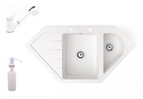 Gránit mosogató NERO Joker + kihúzható zuhanyfejes Shower csaptelep +
adagoló (fehér)