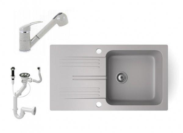 Gránit mosogató NERO Malta + kihúzható zuhanyfejes Shower csaptelep +
dugókiemelő (szürke)