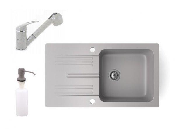 Gránit mosogató NERO Malta + kihúzható zuhanyfejes Shower csaptelep +
adagoló (szürke)