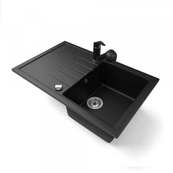 Gránit mosogató NERO Eris + kihúzható zuhanyfejes Shower csaptelep +
dugókiemelő (matt fekete)