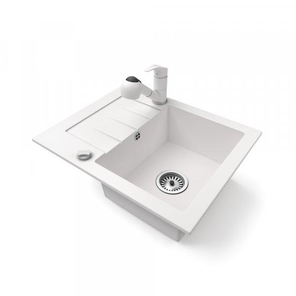 Gránit mosogatótálca NERO Monza + kihúzható zuhanyfejes Shower csaptelep +
dugókiemelő (fehér)