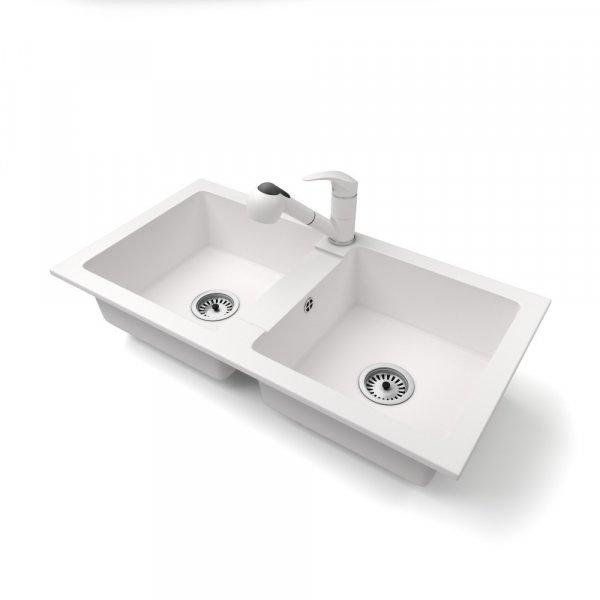 Gránit mosogató NERO Lybra + kihúzható zuhanyfejes Shower csaptelep + szifon
(fehér)