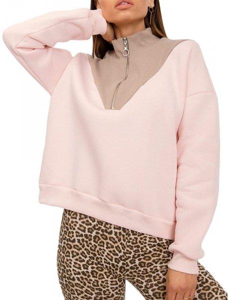 Női világos rózsaszín pulóver rövid cipzárral