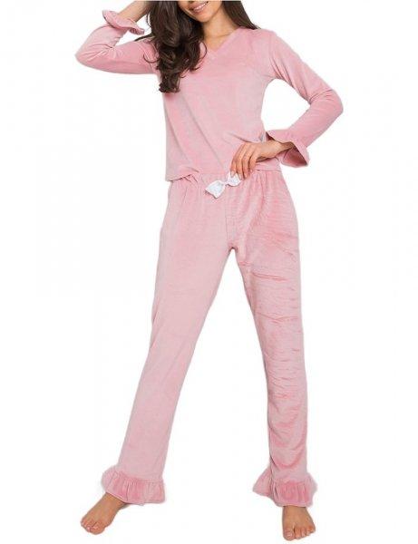 Világos rózsaszín női velúr pizsama fodrokkal