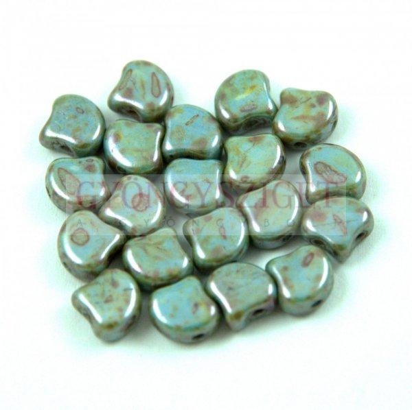 Ginko - cseh préselt kétlyukú gyöngy - Opaque White Blue Brown Luster - 7.5
x 7.5 mm
