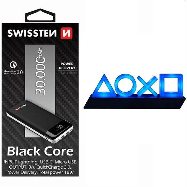 Swissten Black Core Slim Powerbank 30.000 mAh + Playstation 5 Icons Light USB
lámpa