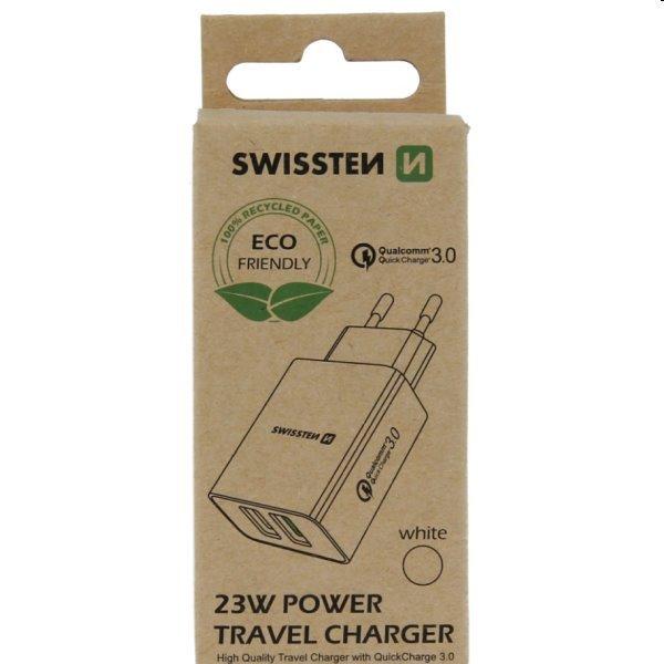 Töltő Swissten 2x USB QC 3.0 + USB 23W, fehér, eco csomagolás