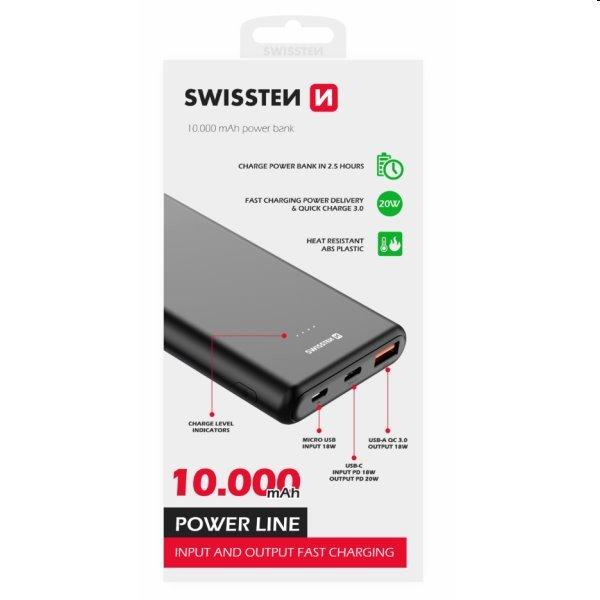Swissten Power Line Powerbank 10 000 mAh 20W, PD, fekete