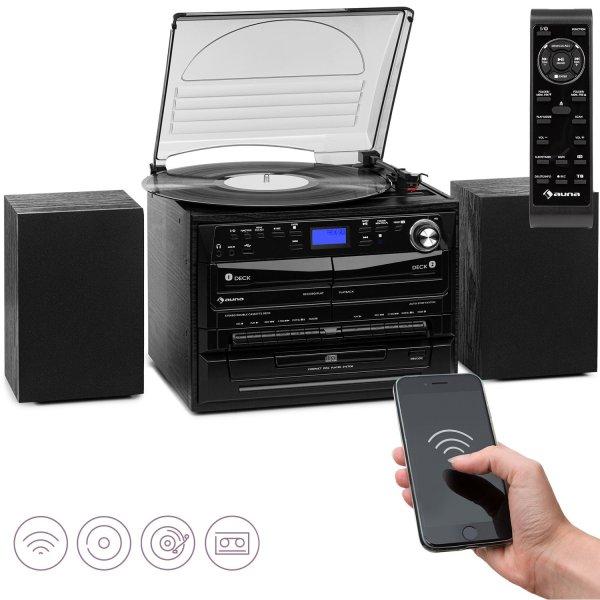 Auna 388-DAB+, sztereó rendszer, max. 20 W, lemezek, CD, kazetták, BT,
FM/DAB+, USB, fekete