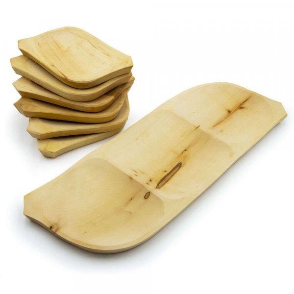 7 részes fatányér készlet – fából készült kínáló szett – 1 db 60
x 20 cm-es tál és 6 kisebb tányér (BBA)