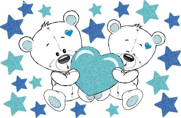 Macipár kék szívvel csillagokkal glitteres falmatrica  |  19 db-os szett | 70
cm x 45 cm-től - babaszoba faldekoráció