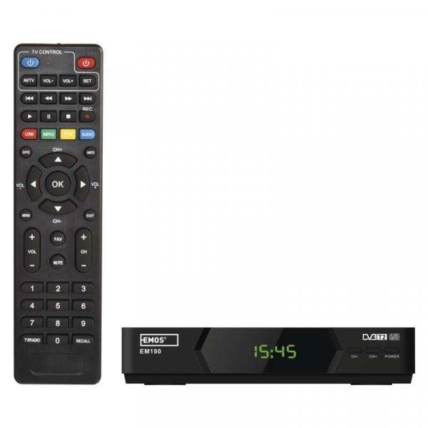 EMOS Digitális HDTV DVB-T2 H265 HEVC Set-top box vevőegység földi TV-jelhez,
mindig tv USB-porton keresztül rögzítési lehetőséggel 1080P FULL HD
