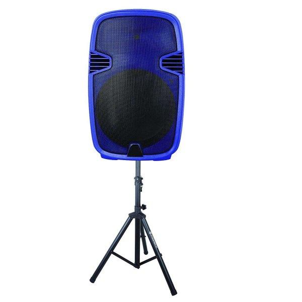 Hordozható kétutas akkus bluetooth hangfal kiváló hangzással, ajándék
vezeték nélküli mikrofonnal és állvánnyal, kék - VAR-4552