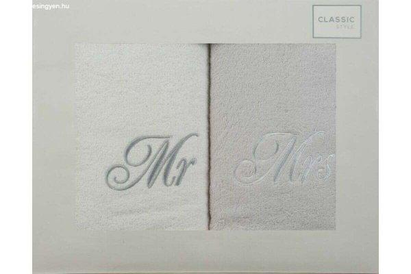 Mr és Mrs hímzett törölköző szett 2db 70x140 cm Fehér/ezüst