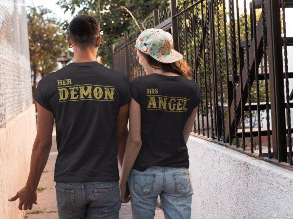 Angel & Demon páros fekete pólók arany felirattal