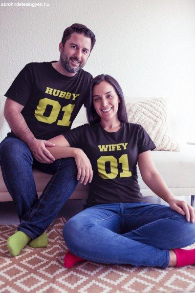 Hubby & Wifey páros fekete pólók arany felirattal