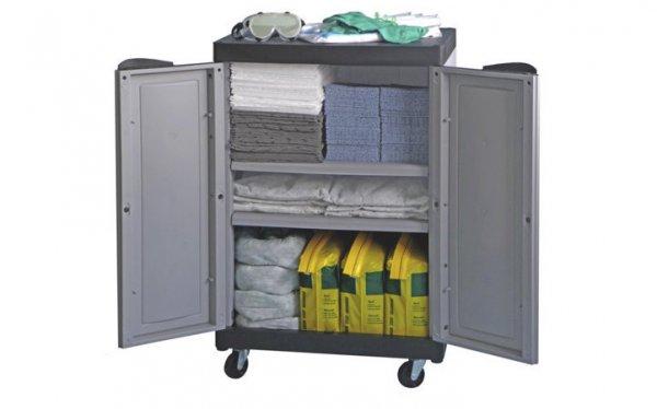 Vészhelyzeti állomás szekrény (650x450x990 mm) szivárgás esetére
személyes védőfelszereléssel és válogatott vegyszer- és olajfelitató
anyagokka