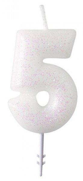 Fehér csillámos gyertya 5-ös 6,5 cm
