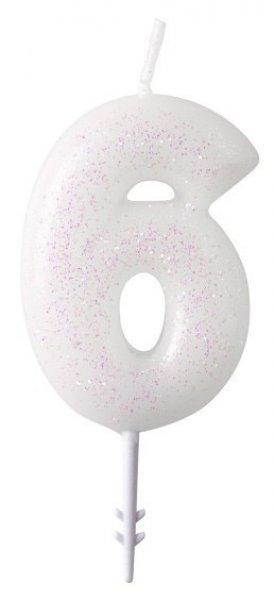 Fehér csillámos gyertya 6-os 6,5 cm