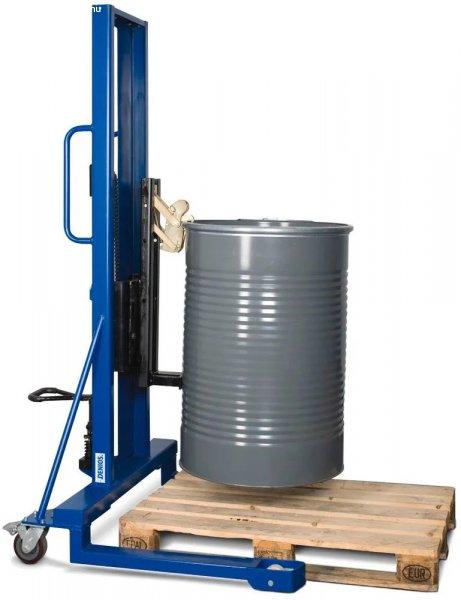 Hordóemelő, hordófogóval, 60-200 literes acélhordó, széles alvázú,
emelési magasság 0-1390 mm