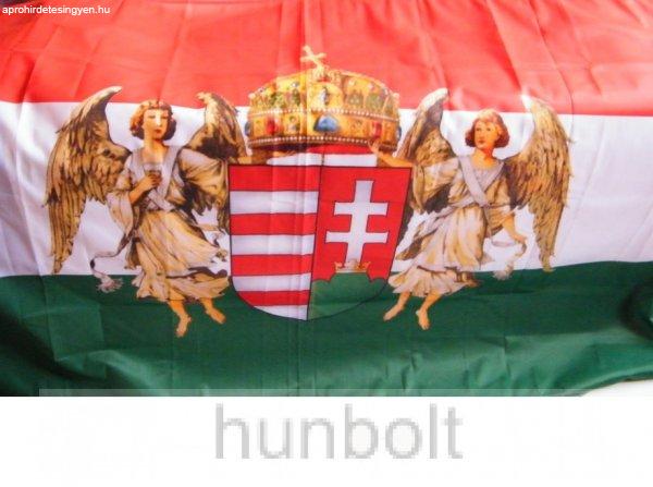 Nemzeti színű új címeres barna angyalos 2 oldalas 60x90 cm karabineres ,
poliészter Horthy zászló kültérre