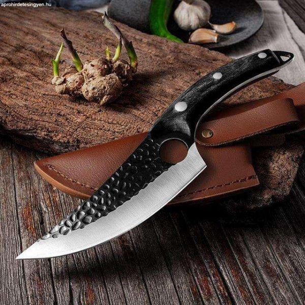 Kézzel készített japán kés, rozsdamentes acél, 27,5 cm, fekete, bőr
tokkal együtt.