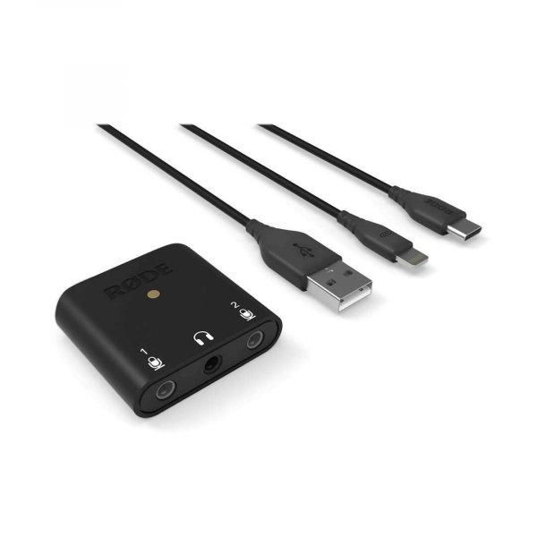 RØDE AI-Micro ultra kompakt és univerzális két csatornás mikrofon és
fejhallgató interfész, mobil eszközökhöz (Android/iOS) és
számítógépekhez (Windows/Mac) USB-C aljzattal, Lightning, USB-C és USB-A
összekötő kábelekkel.