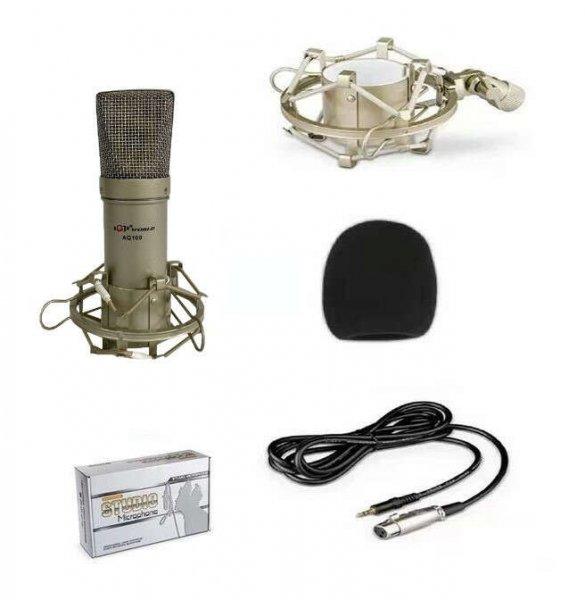 Professzionális kondenzátor stúdió mikrofon, vezetékes, Szélzaj-védő
szivacs, Shock mount mikrofontartóval, aranybarna