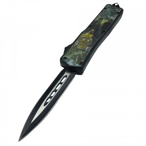 IdeallStore® automata vadászkés, Wolf Blood, fém, 22 cm, fekete