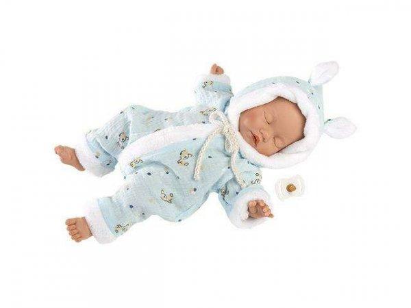 Llorens: Csukottszemű fiú csecsemő baba kapucnis pizsamában 31cm