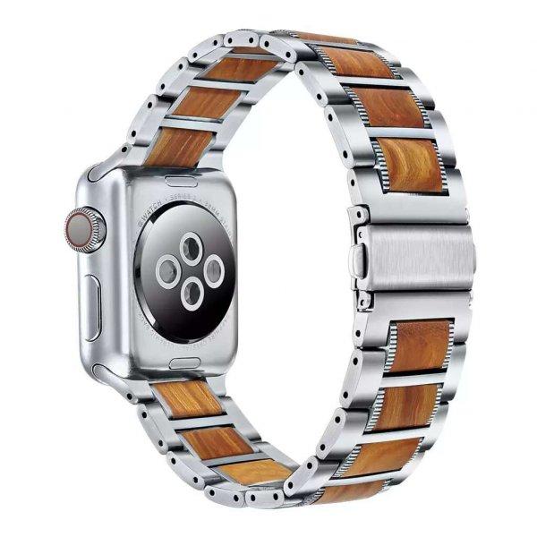 XPRO Apple Watch rozsdamentes acél fa berakással szíj Ezüst / Barna
42mm/44mm/45mm/49mm