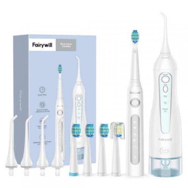 FairyWill FW-507+FW-5020E Szónikus fogkefe fejkészlettel és szájzuhannyal,
Fehér