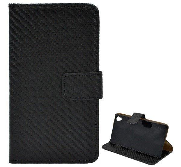 Tok álló, bőr hatású (FLIP, oldalra nyíló, asztali tartó funkció,
karbon minta) FEKETE Sony Xperia Z3 (D6653)